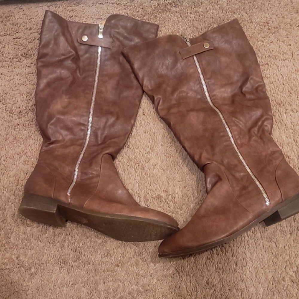 Journee Collection Brown Over the Knee Boots Sleek Faux Leather